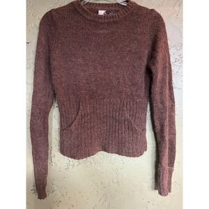 ONeill Womens 90s Brown Knit Wool Blend Sweater Kangaroo Pocket Elbow Patch Sz M